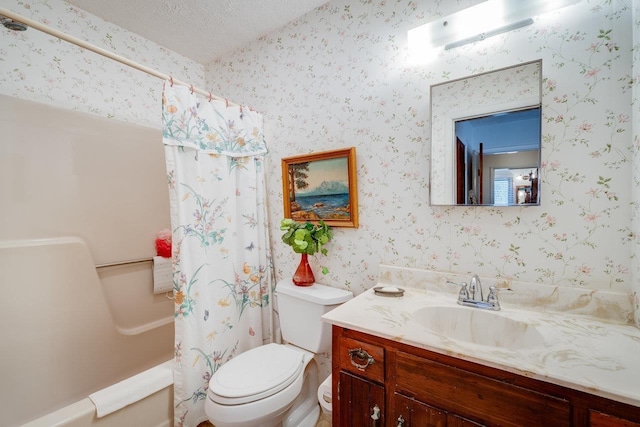 full bath featuring toilet, vanity, wallpapered walls, and shower / bath combination with curtain
