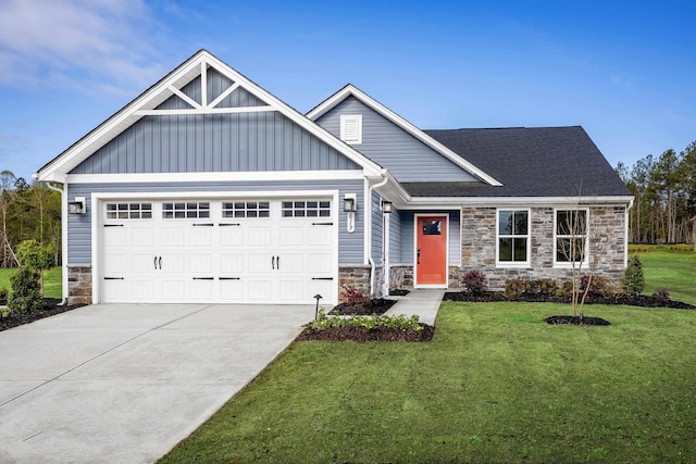 108 Courtyard Ter, New Market, VA 22844 - craftsman-style house featuring stone siding, an attached garage, driveway, and a front lawn