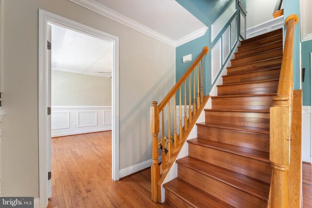 stairs with crown molding, wood finished floors, a wainscoted wall, and a decorative wall