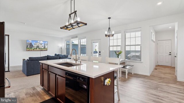 kitchen with black dishwasher, a sink, light countertops, light wood finished floors, and open floor plan
