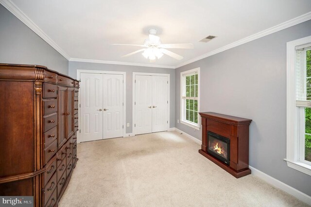 unfurnished bedroom with light colored carpet, baseboards, multiple closets, ornamental molding, and a glass covered fireplace