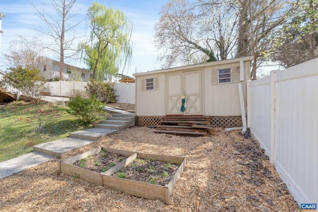 view of shed featuring a garden and a fenced backyard