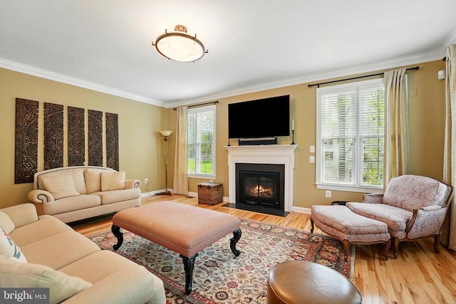 living room with ornamental molding, light wood-style floors, a fireplace with flush hearth, and baseboards