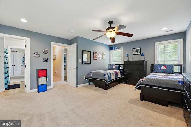 bedroom featuring carpet floors, baseboards, recessed lighting, and a ceiling fan