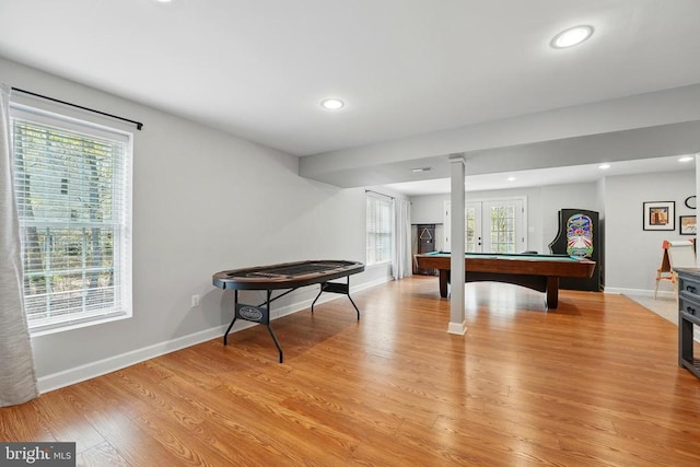 game room with baseboards, light wood-style flooring, recessed lighting, and pool table