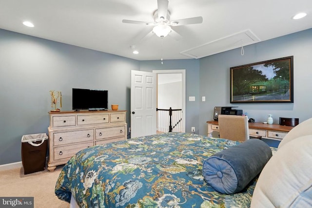 bedroom featuring attic access, carpet flooring, recessed lighting, baseboards, and a ceiling fan