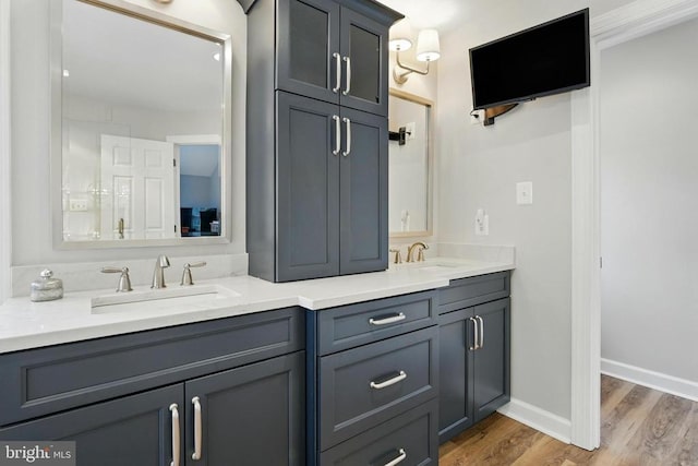 bathroom with wood finished floors, double vanity, and baseboards