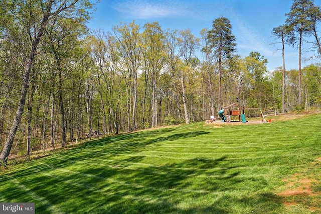 view of green lawn featuring a playground
