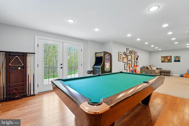 rec room with french doors, billiards, recessed lighting, light wood-type flooring, and baseboards