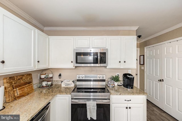 4511 Cornwall Ct, Fredericksburg, VA 22408 - kitchen with appliances with stainless steel finishes, white cabinets, ornamental molding, wood finished floors, and light stone counters