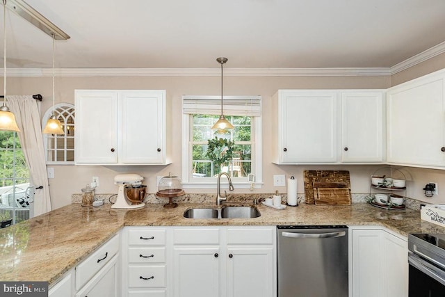 4511 Cornwall Ct, Fredericksburg, VA 22408 - kitchen featuring stainless steel dishwasher, white cabinets, electric range, pendant lighting, and ornamental molding