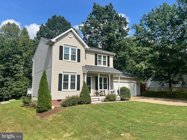 4511 Cornwall Ct, Fredericksburg, VA 22408 - traditional-style house with covered porch, driveway, a front yard, crawl space, and a garage