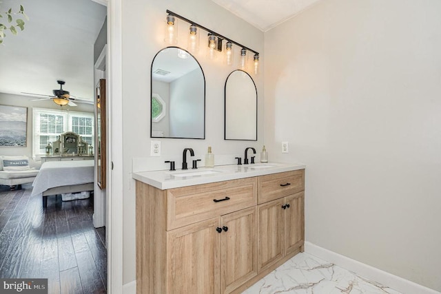4511 Cornwall Ct, Fredericksburg, VA 22408 - full bath featuring connected bathroom, double vanity, ceiling fan, and marble finish flooring