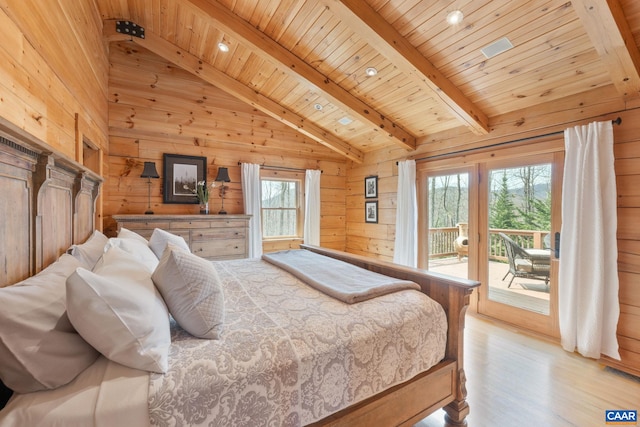 643 Lost Valley Rd, Madison, VA 22727 - bedroom featuring access to outside, wood walls, wood ceiling, and light wood-style floors