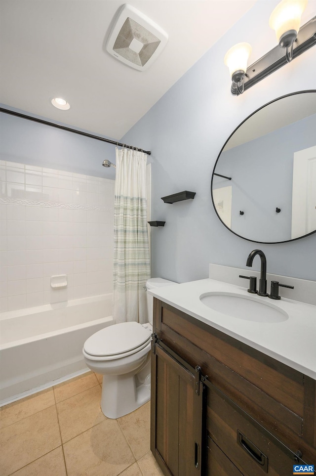 full bath with toilet, shower / bath combo with shower curtain, vanity, visible vents, and tile patterned floors
