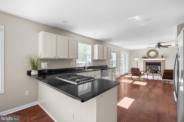 kitchen featuring a sink, stainless steel appliances, open floor plan, a ceiling fan, and dark wood-style floors