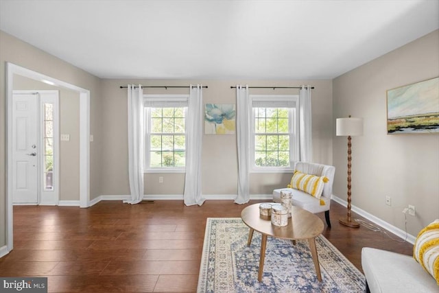 sitting room featuring plenty of natural light, wood-type flooring, and baseboards