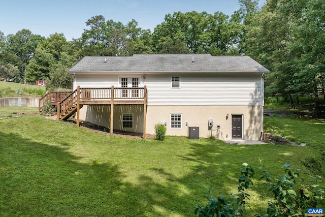 3615 Doctors Xing, Charlottesville, VA 22911 - back of house with a wooden deck, stairway, a lawn, and french doors