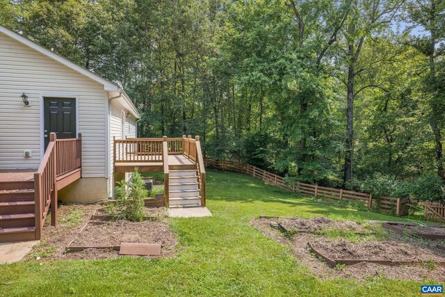 3615 Doctors Xing, Charlottesville, VA 22911 - fenced backyard with stairs, a wooden deck, and a wooded view