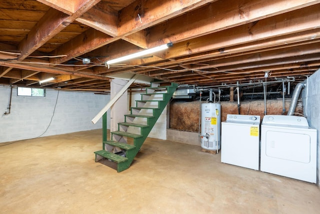 123 Fraser Ln, Staunton, VA 24401 - below grade area with water heater, washing machine and clothes dryer, and stairs