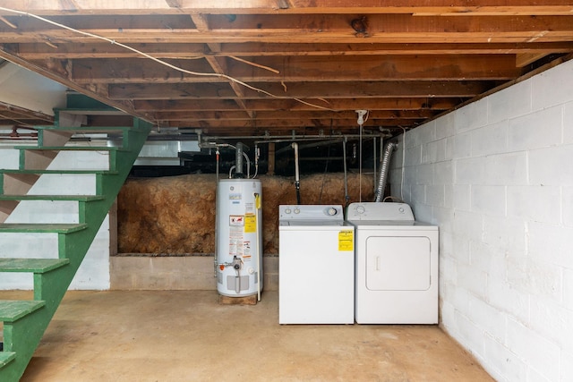 123 Fraser Ln, Staunton, VA 24401 - unfinished below grade area featuring water heater, separate washer and dryer, and stairway