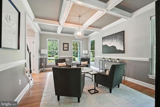 11220 Chivalry Chase Ln, Spotsylvania, VA 22551 - living area with coffered ceiling, wood finished floors, beam ceiling, and ornamental molding