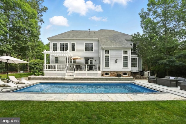 11220 Chivalry Chase Ln, Spotsylvania, VA 22551 - back of house with a pergola, an outdoor living space, a wooden deck, and an outdoor pool