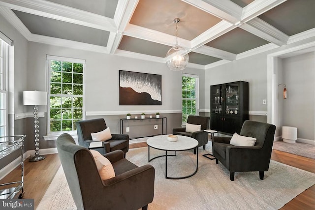 11220 Chivalry Chase Ln, Spotsylvania, VA 22551 - living room featuring coffered ceiling, wood finished floors, beamed ceiling, and crown molding