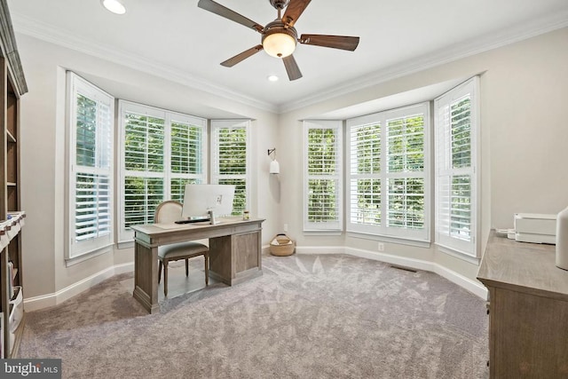 11220 Chivalry Chase Ln, Spotsylvania, VA 22551 - carpeted office space with healthy amount of natural light, a ceiling fan, crown molding, and recessed lighting