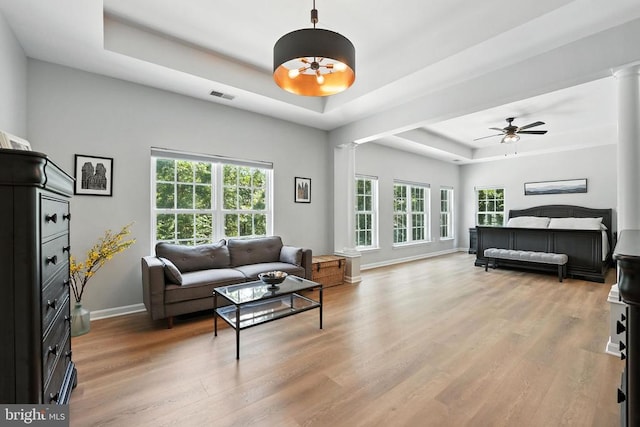 11220 Chivalry Chase Ln, Spotsylvania, VA 22551 - living room with a raised ceiling, light wood-type flooring, ornate columns, and ceiling fan