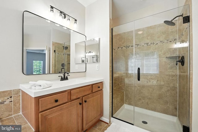 11220 Chivalry Chase Ln, Spotsylvania, VA 22551 - bathroom with a stall shower, vanity, and tile patterned floors