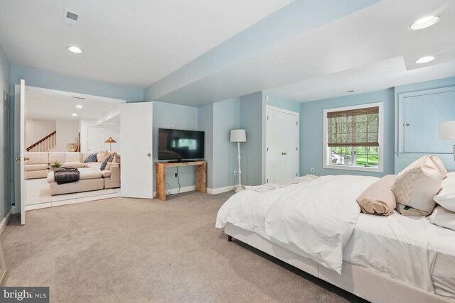  - carpeted bedroom featuring baseboards and recessed lighting