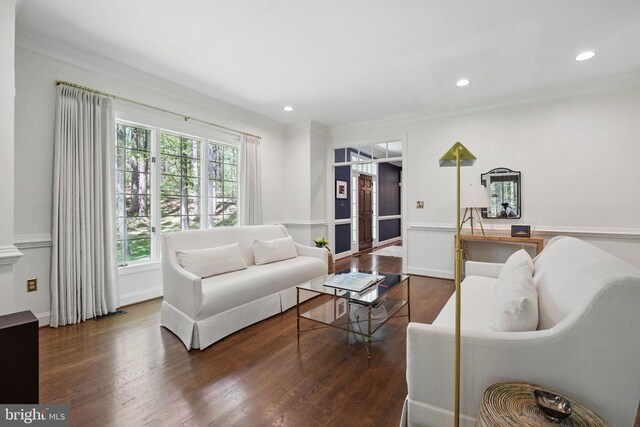  - living area with wood finished floors, crown molding, and recessed lighting