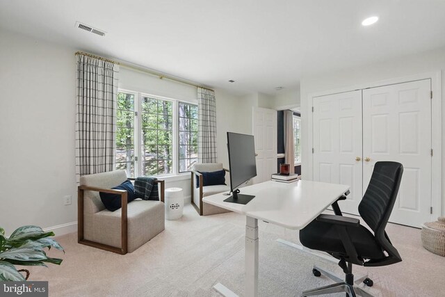  - office area with light carpet, recessed lighting, and baseboards