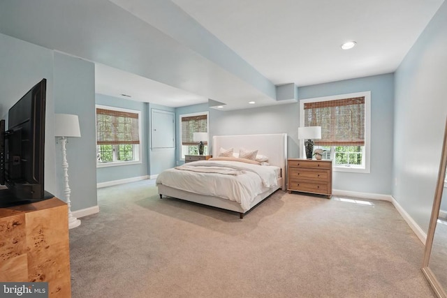  - carpeted bedroom with baseboards and recessed lighting