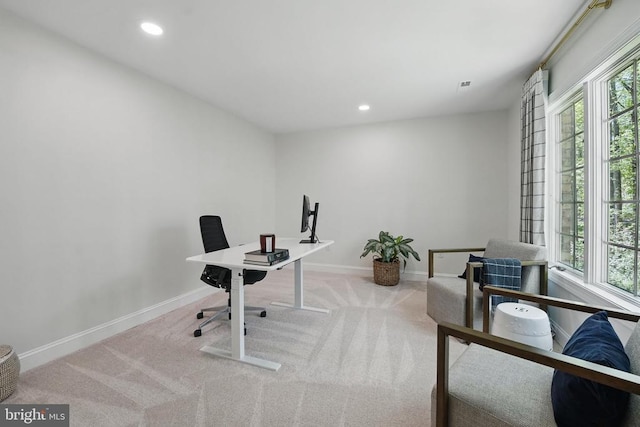  - office featuring plenty of natural light, carpet flooring, baseboards, and recessed lighting