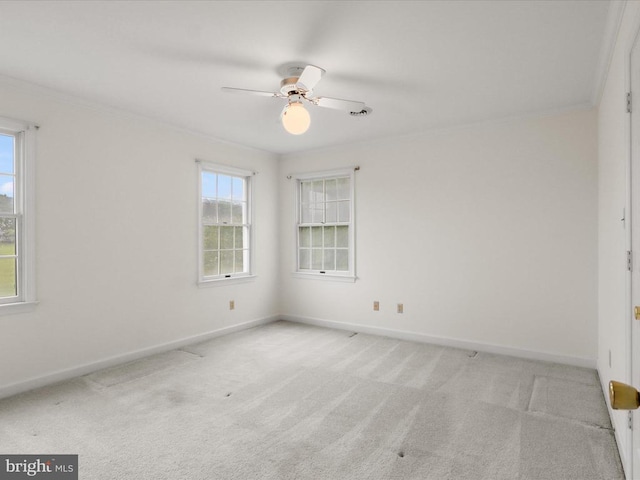  - empty room with crown molding, carpet flooring, and a ceiling fan