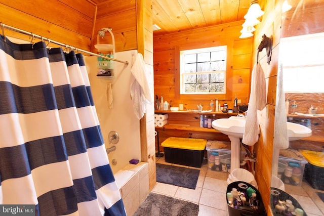 18075 Safe Haven Way, Culpeper, VA 22701 - full bath with wood walls, tile patterned flooring, wood ceiling, and shower / tub combo with curtain