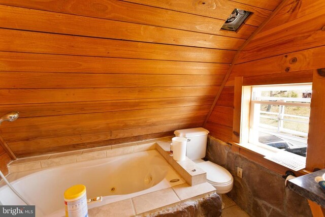 18075 Safe Haven Way, Culpeper, VA 22701 - full bathroom featuring lofted ceiling, toilet, a jetted tub, and wooden walls