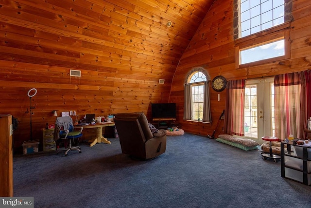 18075 Safe Haven Way, Culpeper, VA 22701 - carpeted office space with wood walls, high vaulted ceiling, and french doors