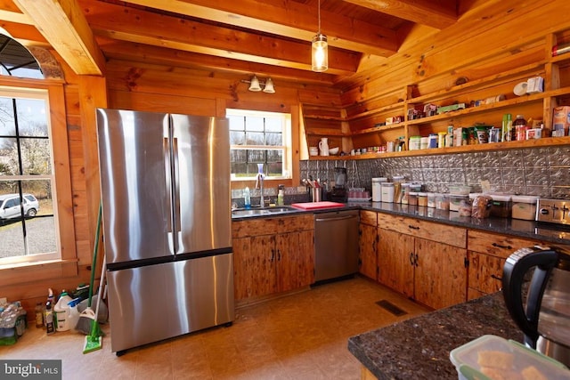 18075 Safe Haven Way, Culpeper, VA 22701 - kitchen with appliances with stainless steel finishes, a sink, open shelves, beam ceiling, and wood walls