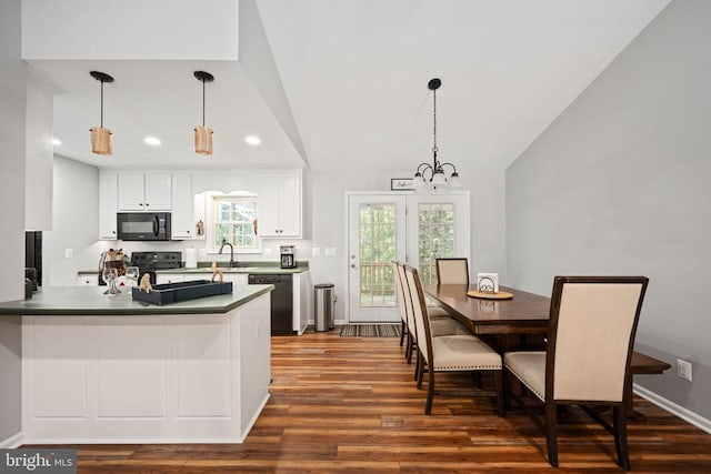 238 David Rd, Mineral, VA 23117 - kitchen featuring black appliances, vaulted ceiling, dark wood-style floors, white cabinetry, and recessed lighting