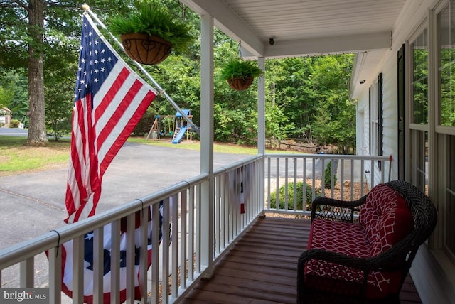 238 David Rd, Mineral, VA 23117 - wooden porch featuring a playground