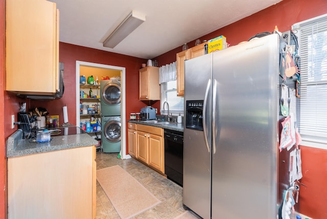 860 Fairfax Ave, Waynesboro, VA 22980 - kitchen with estacked washer and dryer, a sink, dishwasher, stainless steel fridge with ice dispenser, and dark countertops