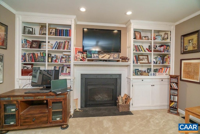 895 Jefferson Dr, Palmyra, VA 22963 - living room featuring carpet, crown molding, a fireplace with flush hearth, built in features, and recessed lighting