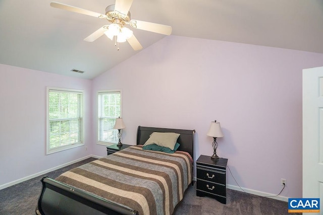 895 Jefferson Dr, Palmyra, VA 22963 - bedroom with carpet flooring, baseboards, vaulted ceiling, and a ceiling fan
