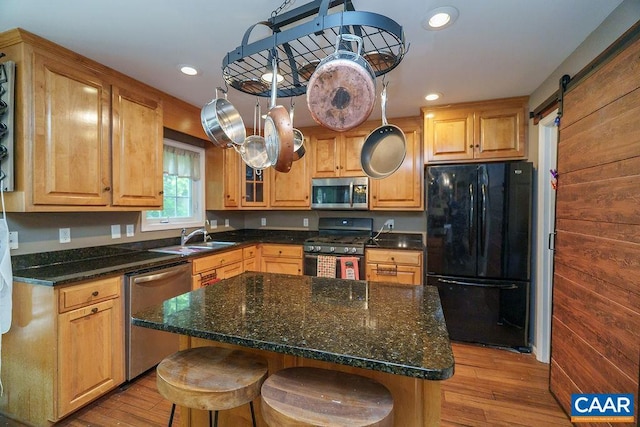 895 Jefferson Dr, Palmyra, VA 22963 - kitchen with stainless steel appliances, light wood-type flooring, a sink, a kitchen breakfast bar, and recessed lighting