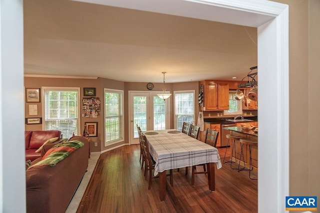 895 Jefferson Dr, Palmyra, VA 22963 - dining space featuring dark wood-style flooring, baseboards, and plenty of natural light