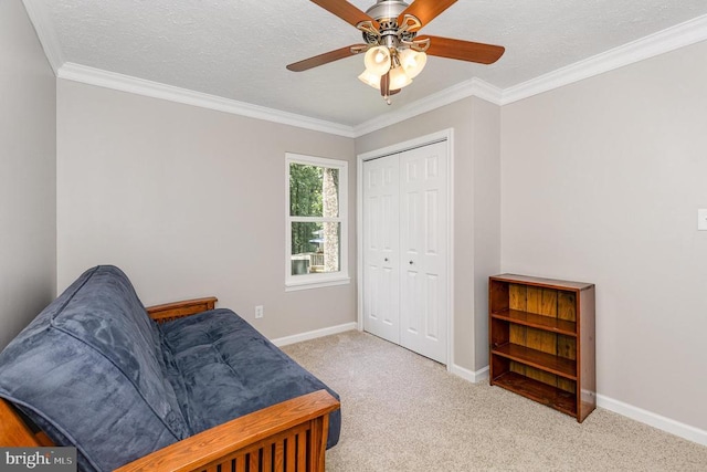 6217 Oak Grove Dr, Fredericksburg, VA 22407 - sitting room featuring carpet flooring, a ceiling fan, ornamental molding, and a textured ceiling