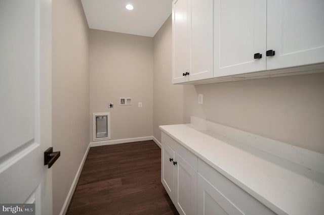 112 Edgehill Dr, Locust Grove, VA 22508 - laundry room with electric dryer hookup, dark wood-style floors, cabinet space, recessed lighting, and washer hookup